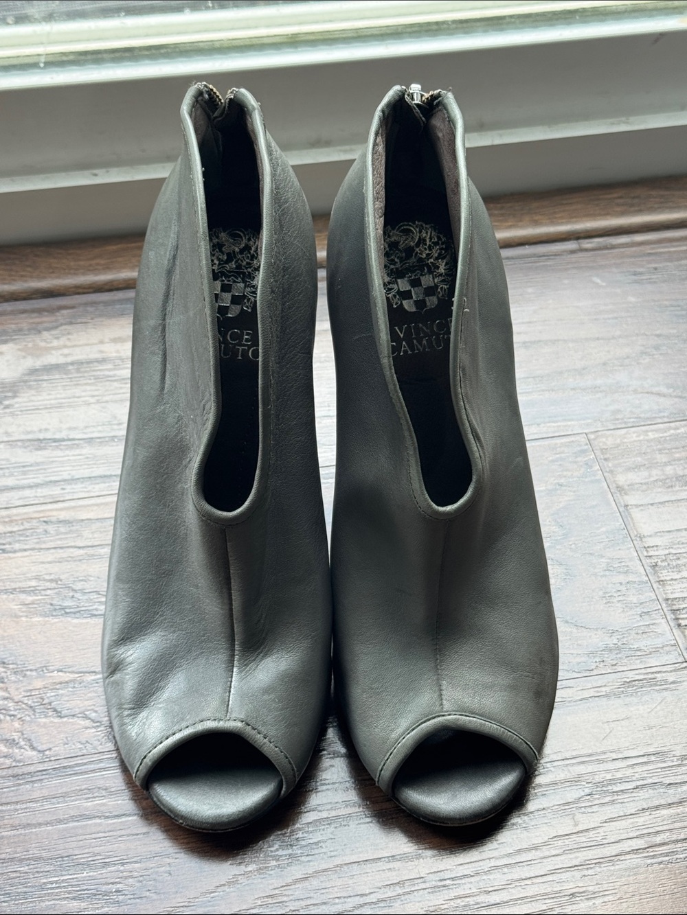 Vince Camuto Gray Leather Peep-Toe Ankle Booties with Front Cutout